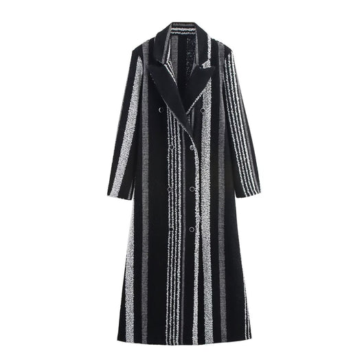 Abrigo de Lana a Rayas Blanco y Negro Estilo Francés Elegante para Mujer