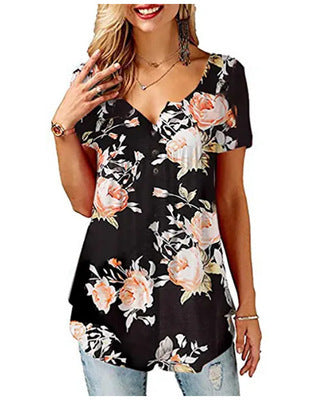 Camiseta Cuello V Estampada para Mujer - Manga Corta Europeo Americano - Image 23