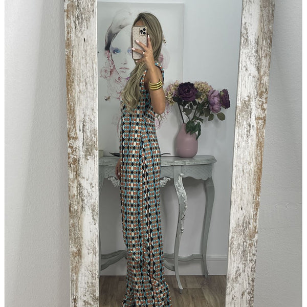 Conjunto Sin Mangas Estampado: Blusa y Pantalón de Cuello Redondo