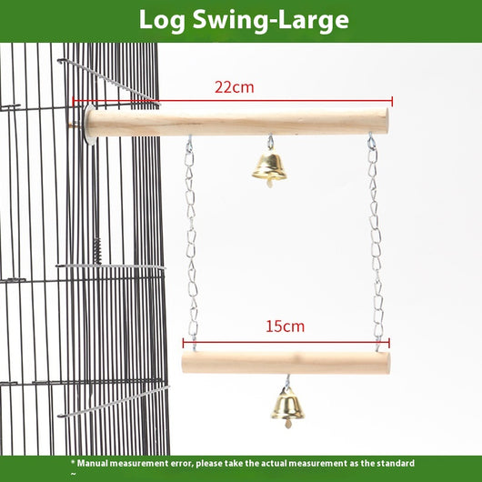 Colorful parrot swing toy with a natural wood perch, an arch of multicolored beads, and two small bells. - Image 10