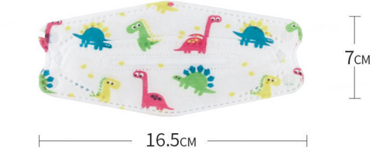 Two white children's face masks with colorful cartoon dinosaurs, including red, green, and teal, on a white display stand. - Image 4