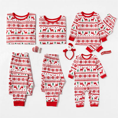 Family matching Christmas pajamas with red reindeer and snowflake print on white, including adult, kids, and baby sizes. - Image 4