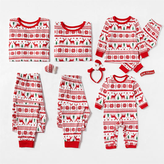 Family matching Christmas pajamas with red reindeer and snowflake print on white, including adult, kids, and baby sizes. - Image 4