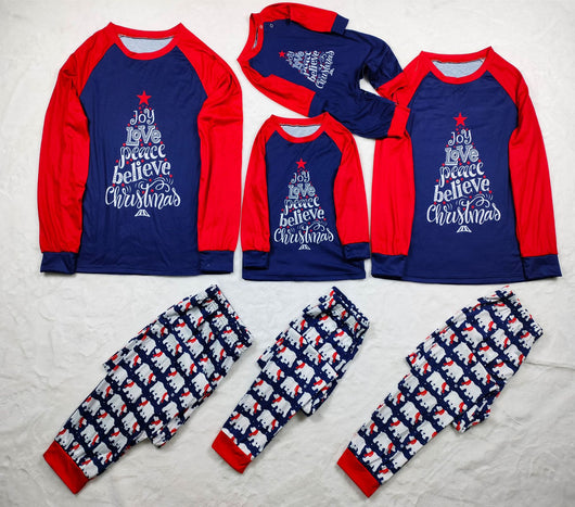 Family matching Christmas pajamas with blue long-sleeve tops, red raglan sleeves, and a Christmas tree graphic. Blue pants feature a white polar bear pattern. - Image 4
