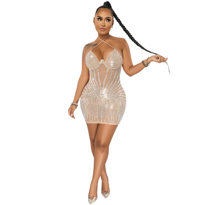 Vestido Mesh Transparente con Peto de Strass y Falda Envolvente - Image 4