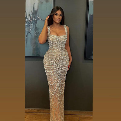 Vestido Sling de Lujo con Perlas - Elegancia Nude Premium - Image 12
