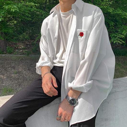 Camisa Manga Larga Bordada con Rosa para Hombre - Primavera y Verano - Image 11