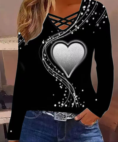 Blusa Casual de Manga Larga con Escote en V y Patrón de Corazones - Image 6
