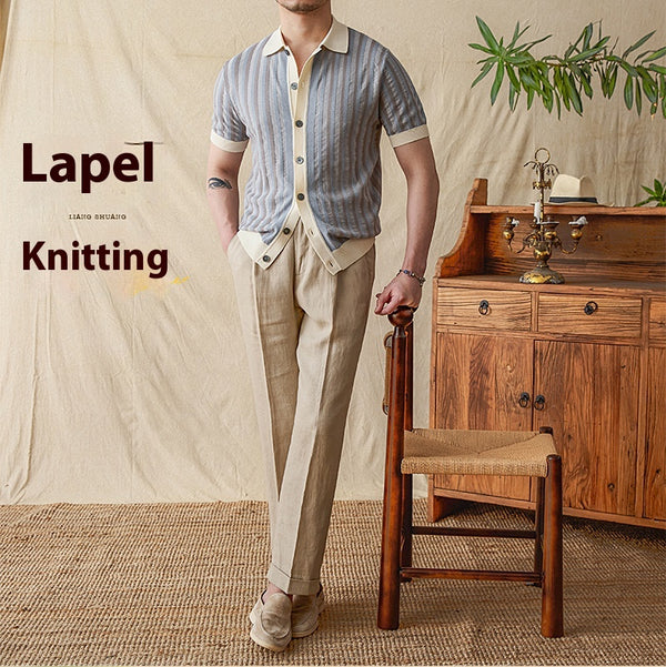 Suéter de Manga Corta con Jacquard Rayado y Costuras Decorativas para Hombre