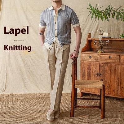 Suéter de Manga Corta con Jacquard Rayado y Costuras Decorativas para Hombre