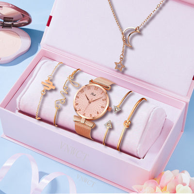 Set de Regalo Elegante: Reloj Cuarzo Malla Dorada + 5 Pulseras para Mujer - Image 10
