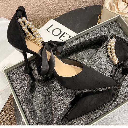Sandalias Negras Puntiagudas con Tira de Perlas - Estilo Hada Sexy - Image 6