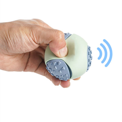 Mint green and blue rubber dog toy ball with textured nubs, measuring 64mm, for vocal and bite-resistant play. - Image 6