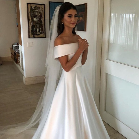 Vestido de Novia Satén Línea A Hombros Descubiertos con Cola Barrida