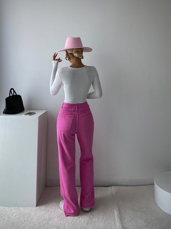 Jeans Rojos de Cintura Alta y Pierna Recta Ancha para Mujer