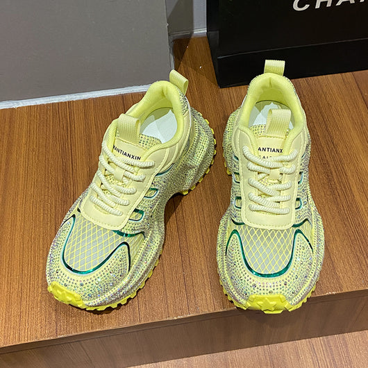 Zapatillas Deportivas Plataforma Gruesa para Mujer con Brillo y Cristales - Amarillo Claro - Image 6