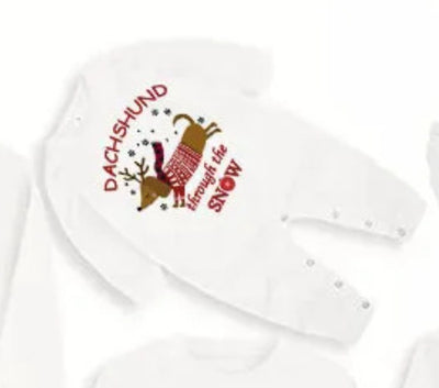 Family matching Christmas pajamas with white long-sleeve tops featuring a 'Dachshund through the snow' graphic and red and black plaid pants. Includes adult, ch - Image 11