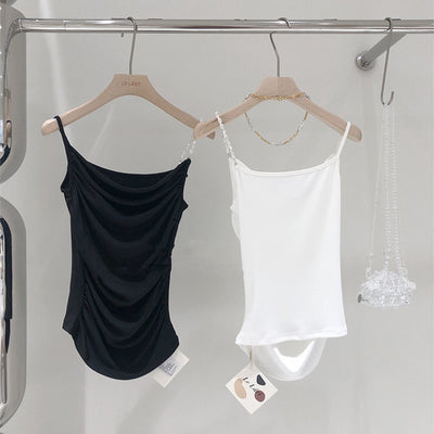 Vestido Camisero Plisado con Perlas y Tirantes Finos - Estilo Coreano - Image 3
