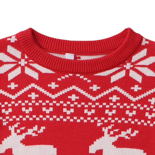 Women's black, red, and white Christmas sweater with reindeer and snowflake fair isle patterns, round neck, long sleeves. - Image 17