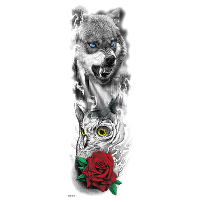 Full arm temporary tattoo sticker with a black, red, and light blue tribal design, featuring abstract shapes and patterns. - Image 18