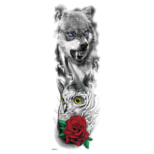Full arm temporary tattoo sticker with a black, red, and light blue tribal design, featuring abstract shapes and patterns. - Image 18