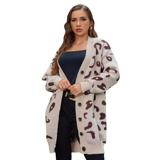 Abrigo Suéter de Leopardo Oversized Largo Medio para Mujer - Image 5