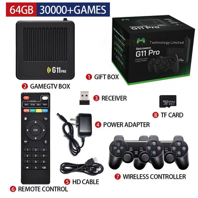 G11 Pro Dual System TV Set-top Box Open Source Game Console with 128GB TF card, two wireless controllers, remote, and accessories. - Image 14