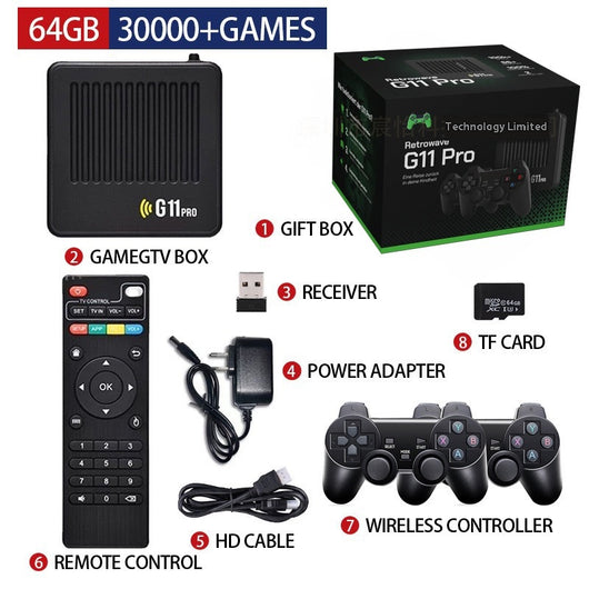 G11 Pro Dual System TV Set-top Box Open Source Game Console with 128GB TF card, two wireless controllers, remote, and accessories. - Image 14