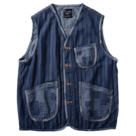 Chaleco Denim Retro Patchwork Color Block Marrón - Image 5