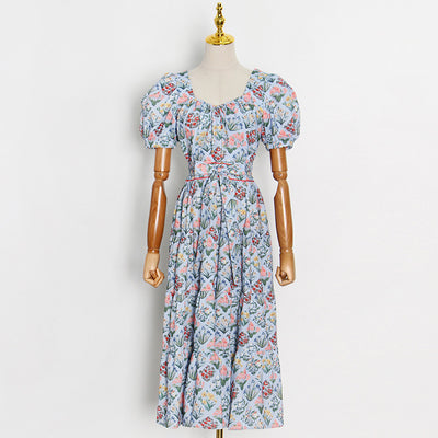 Vestido Azul Mori con Mangas Abullonadas, Cintura Alta y Estampado - Image 2