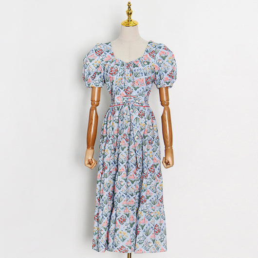 Vestido Azul Mori con Mangas Abullonadas, Cintura Alta y Estampado - Image 2