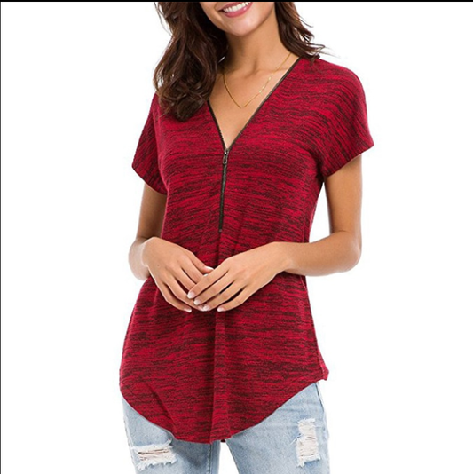 Blusa Suelta V-Escote Manga Corta con Detalles de Costura