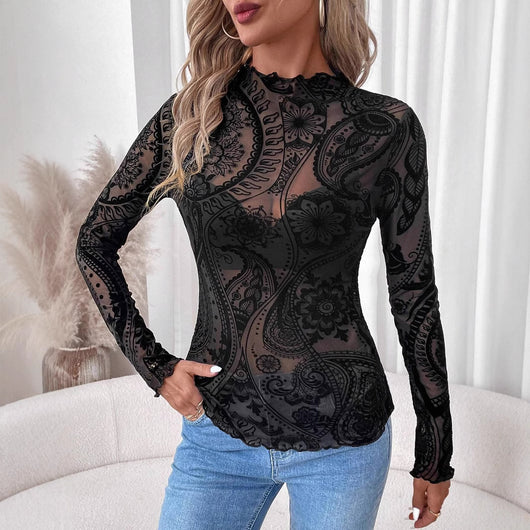 Blusa Manga Larga Estampado Paisley con Malla Texturizada - Image 3