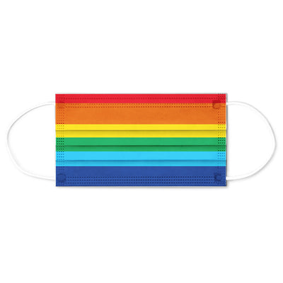Five disposable face masks fanned out, each featuring a vibrant rainbow stripe pattern with white ear loops. - Image 3