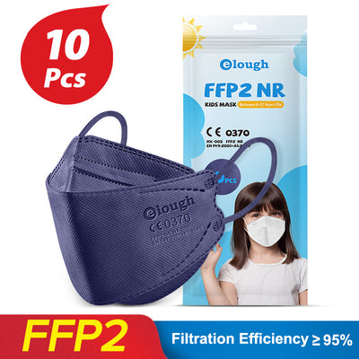 Black FFP2 kids mask with ear loops, shown next to its packaging for a 10-piece pack. - Image 10