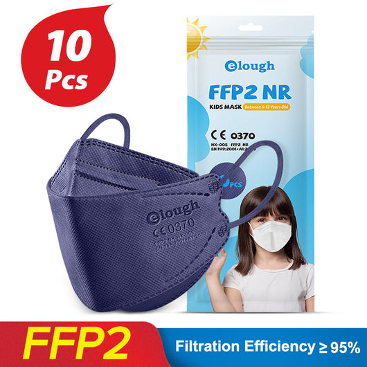 Black FFP2 kids mask with ear loops, shown next to its packaging for a 10-piece pack. - Image 10