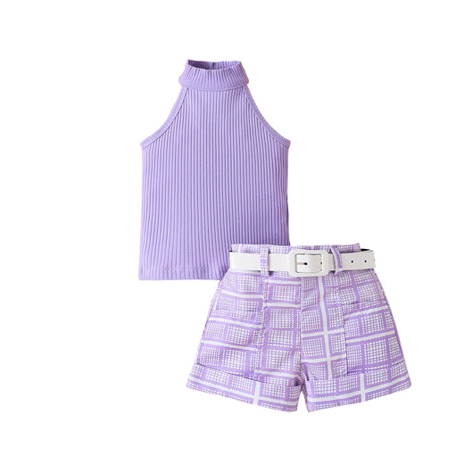 Conjunto Infantil de Shorts Estampados con Cinturón y Top Halter de Color Liso - Image 5