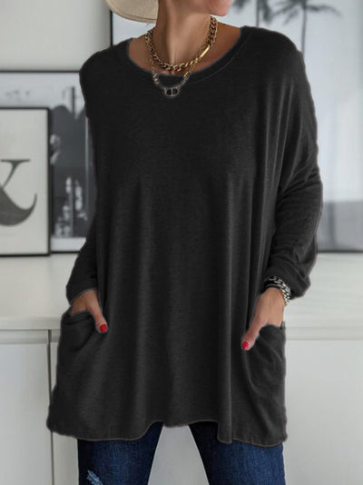 Blusa Suelta de Manga Larga y Cuello Redondo con Bolsillos - Colores Sólidos - Image 4