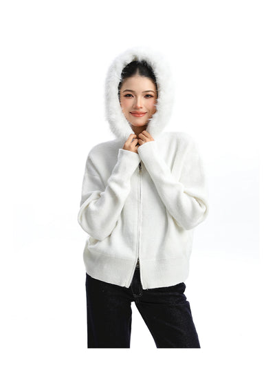 Abrigo Cardigan con Capucha y Cuello de Pelaje Beige para Mujer - Image 17