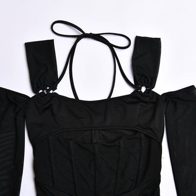 Vestido Ajustado Backless con Malla Transparente y Falda Cadera - Image 18