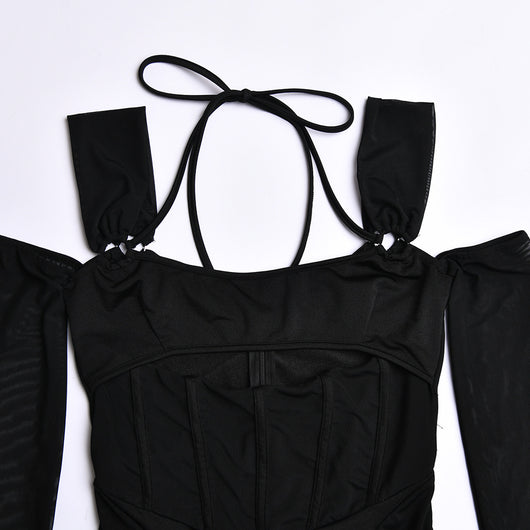 Vestido Ajustado Backless con Malla Transparente y Falda Cadera - Image 18