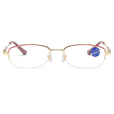 Gold half-rim anti-blue light reading glasses with red decorative temples and +1.50 magnification. - Image 11