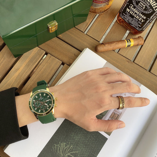 Reloj Hombre Correa Silicona Verde Malaquita Tres Ojos Calendario Luminoso