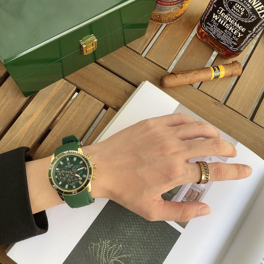 Reloj Hombre Correa Silicona Verde Malaquita Tres Ojos Calendario Luminoso