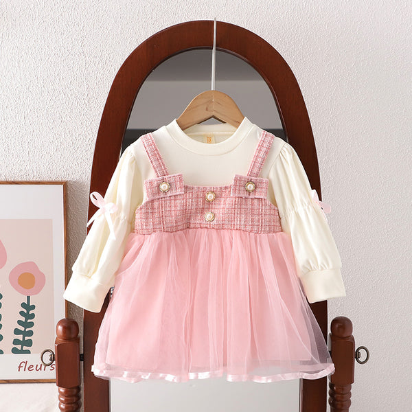 Vestido Falda Princesa Coreana Niña Primavera Otoño Estilo Dos Piezas con Tirantes