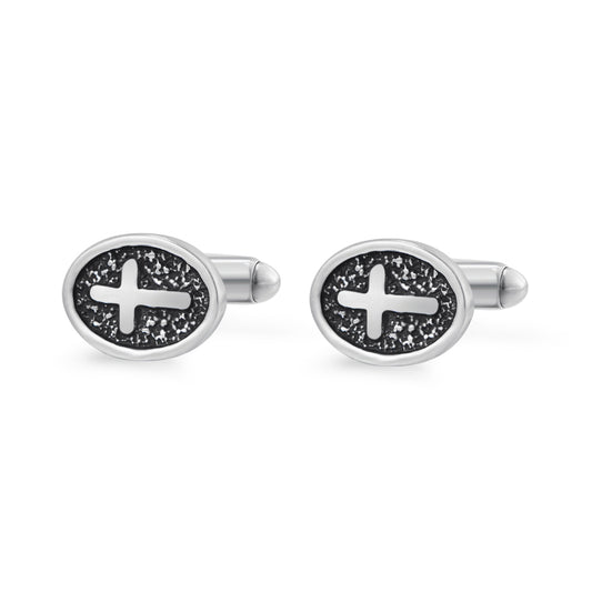 Gemelos Ovalados con Cruz de Acero Inoxidable Plateado para Hombre