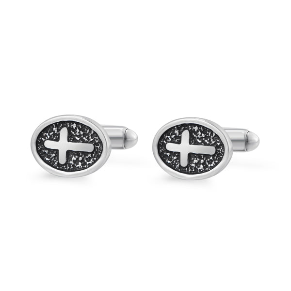 Gemelos Ovalados con Cruz de Acero Inoxidable Plateado para Hombre