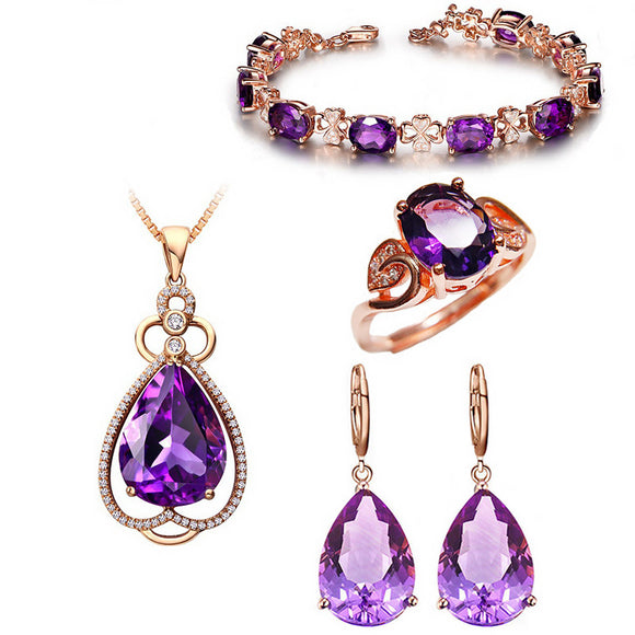 Conjunto de Collar y Anillo con Gema Púrpura en Oro Rosado