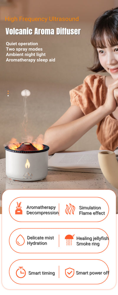 White ultrasonic essential oil diffuser with orange flame effect mist, alongside a gift set of Lavender, Peppermint, Tea Tree, and Sweet Orange essential oils. - Image 11