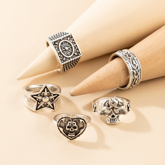 Set de 5 Anillos Hip-hop Punk Calavera Estrella y Amor para Halloween - Image 2